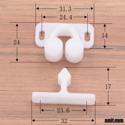 Diagram of Three Pack White Marine Boat Door Catch Sets With Ball Roller Latches showing dimensions, suitable for cabinets and furniture doors.