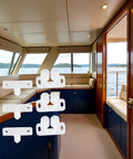 Stylish boat interior with Three Pack White Marine Boat Door Catch Sets with Ball Roller Latches and Spring Back Plates for cabinets.