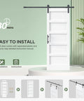 White 32x84 Inch Sliding Barn Door Slab with 5-Panel MDF Panels shown with installation steps