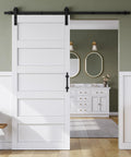 36 Inch By 84 Inch Sliding Barn Door With Six Point Six Foot Hardware Track Kit And Handle, Waterproof PVC Surface for Easy Cleaning and Scratch Resistance, Pre Drilled Holes for Quick Assembly, White MDF Five Panel Door for Home Improvements and Modern Design in Bathroom
