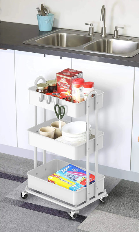 Sturdy 3-Tier Metal Utility Cart On Wheels In White, Heavy Duty Steel Frame With Durable Baskets, in kitchen