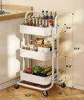 Three Tier Mesh Rolling Utility Cart With Handle And Lockable Wheels For Kitchen Office And Living Room White Finish Pipishell Metal Storage Cart With Versatile Shelves For Easy Organization next to kitchen counter.