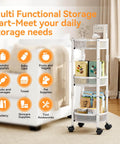 Foldable Three Tier Rolling Cart With Wheels No Assembly Metal Utility Cart For Kitchen Bathroom Dorm Nursery White