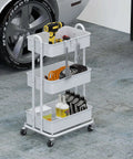 Sturdy 3-Tier Metal Utility Cart On Wheels In White, Heavy Duty Steel Frame With Durable Baskets, Four 2-Inch Casters For Easy Mobility