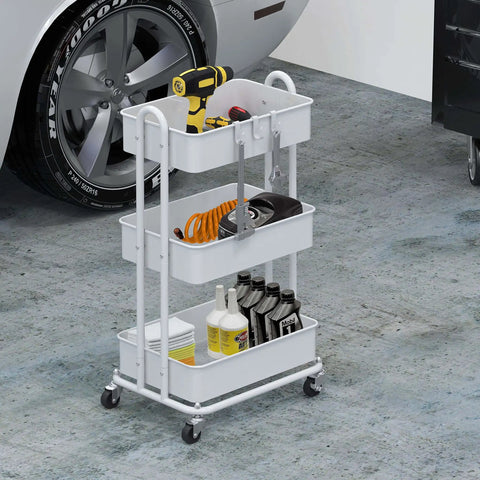 Sturdy 3-Tier Metal Utility Cart On Wheels In White, Heavy Duty Steel Frame With Durable Baskets, Four 2-Inch Casters For Easy Mobility