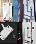 Cam action sash lock installed on sliding window, showing durable metal crescent lock with screws for strong security against intrusions.