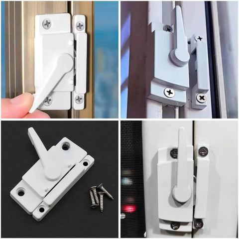 Cam action sash lock installed on sliding window, showing durable metal crescent lock with screws for strong security against intrusions.