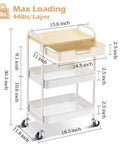 3-Tier Metal Rolling Cart With Wood Top And Drawer, White On Wheels, Dimensions Displayed, Multi-Purpose Storage Trolley