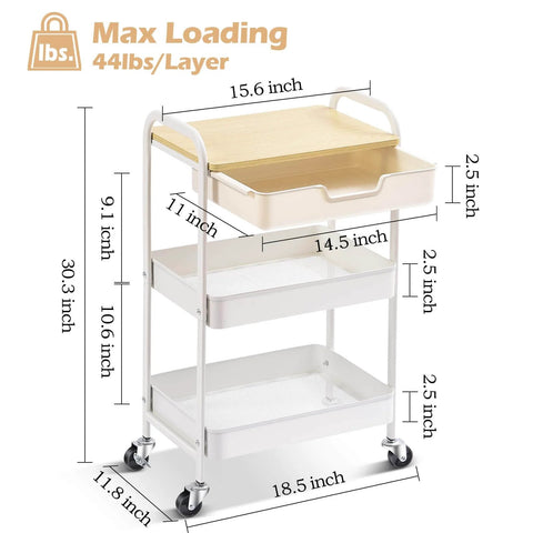 3-Tier Metal Rolling Cart With Wood Top And Drawer, White On Wheels, Dimensions Displayed, Multi-Purpose Storage Trolley