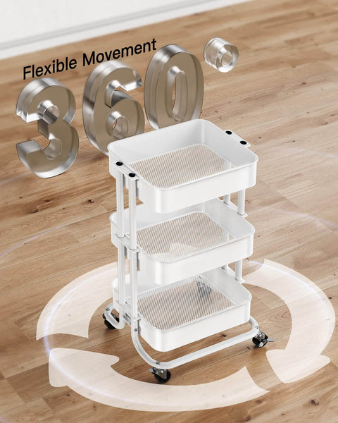 Three Tier Metal Rolling Utility Cart by Pipishell A Workhorse On Wheels With Two Lockable Wheels Great For Kitchen Dining Room And Living Room Storage And Organization Heavy Duty Mesh Shelves Mobile Serving Cart In White in a spacious room showing 360° rotation capability.