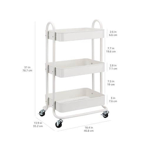 Versatile 3 Tier Rolling Utility Cart With Lockable Wheels For Kitchen And Home Storage Portable Mobile Shelving Unit With Three Mesh Bottom Bins Durable Metal Frame In White By Amazon Basics