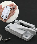 Cam action sash lock provides strong security for sliding windows, shown in white with screws for installation.