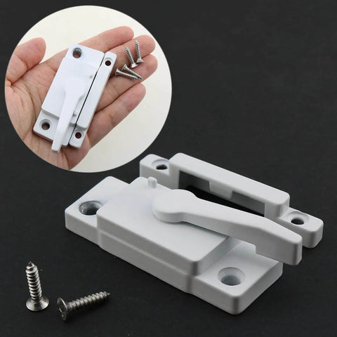 Cam action sash lock provides strong security for sliding windows, shown in white with screws for installation.