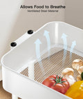 Close-up of Three Tier Metal Rolling Utility Cart by Pipishell showing ventilated mesh shelf with vegetables, in white.