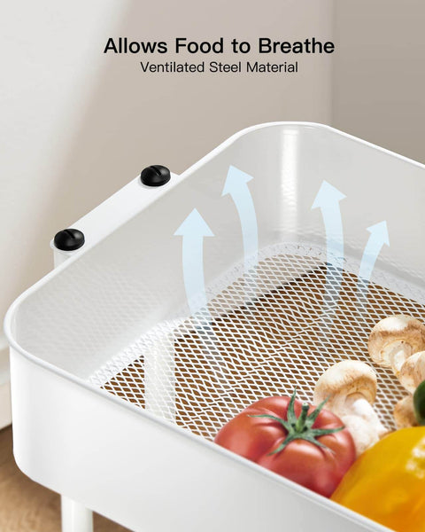 Close-up of Three Tier Metal Rolling Utility Cart by Pipishell showing ventilated mesh shelf with vegetables, in white.