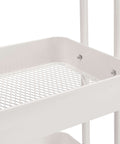 Close-up of a white metal mesh bin from Versatile 3 Tier Rolling Utility Cart With Lockable Wheels For Kitchen And Home Storage.