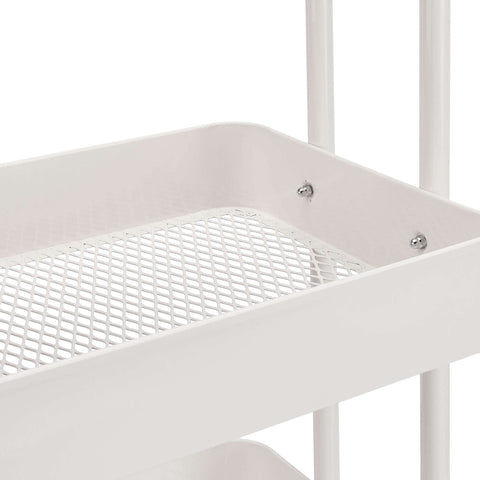 Close-up of a white metal mesh bin from Versatile 3 Tier Rolling Utility Cart With Lockable Wheels For Kitchen And Home Storage.