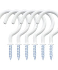 White metal screw hooks in a row, showing the curved design and sharp screw tips for secure hanging and organizing solutions.