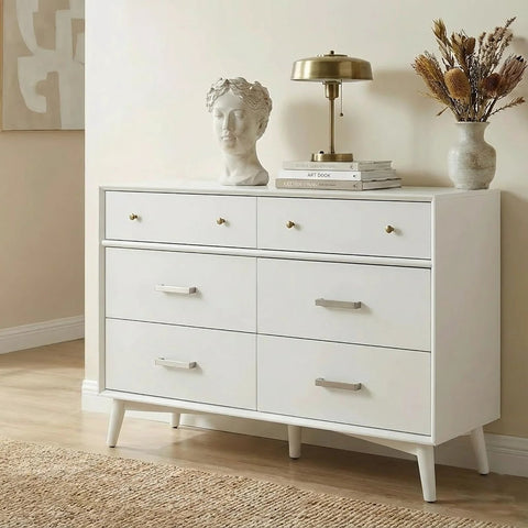 White dresser with brushed nickel cabinet handles showcasing 3 inch center to center square drawer pulls in a modern room setting.