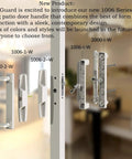 Display of white patio door handle sets with mortise for replacement locks, various models shown, suitable for 3-15/16” screw hole spacing