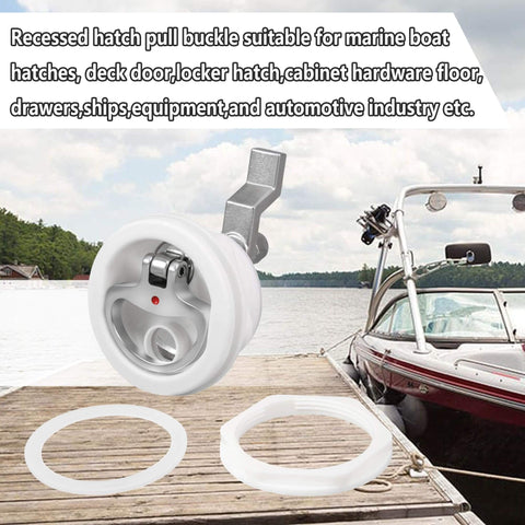Marine Grade White Nylon Boat Cam Latch With O Handle Flush Mount Fits Two And A Half Inch Hole Non Locking Latch Durable Marine Hardware For Doors Deck Compartments on dock.
