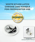 T Handle Latch With Keyed Lock For Marine And Freshwater Boats Use Three Inch Outside Diameter Two And A Half Inch Cut Out White Chrome Plated Finish Three Eighths Inch Metric Shaft