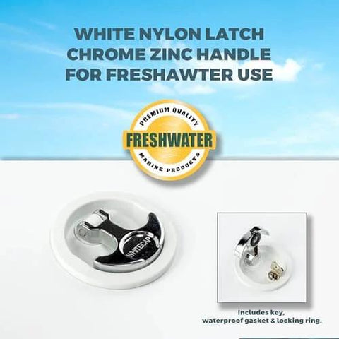 T Handle Latch With Keyed Lock For Marine And Freshwater Boats Use Three Inch Outside Diameter Two And A Half Inch Cut Out White Chrome Plated Finish Three Eighths Inch Metric Shaft
