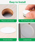 2 Inch White Nylon Hole Plugs For Round Holes, Flush Snap In Panel Inserts For Cabinets, Furniture, Cupboards And Shelves, Locking Door End Caps, Easy No Tools Installation, 4 Piece Set process: measure, press, smooth surface, lock.