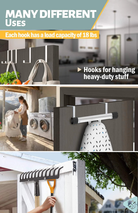 Set of 10 Over the Door Hooks White Two Sided Towel and Coat Hangers with Anti Scratch Felt Pads shown holding various items