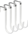 Set of four white metal over-door hooks with chrome accents for hanging items, showcasing durability and modern design.