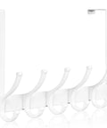 Over-the-door white metal hook rack with five hooks for hanging items, showing side view.