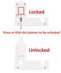White Patio Sliding Door Security Foot Lock Kick Lock showing locked and unlocked positions with button on top rail or bottom rail.