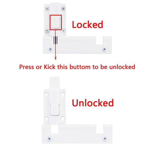 White Patio Sliding Door Security Foot Lock Kick Lock showing locked and unlocked positions with button on top rail or bottom rail.