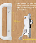 White Patio Door Handle Set with Cylinder Lock,Suitable for Replacement Sliding Patio Doors Lock 3-15/16”Screw Hole Spacing.Choices That Add a Unique to Your Patio Glass Sliding Door. showing handle and lock components on wood background