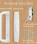 White Patio Door Handle Set with Mortise, Suitable for Replacement Doors Lock 3-15/16” Screw Hole Spacing, package contents shown