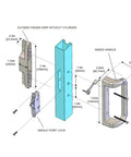 Exploded diagram of White Patio Door Handle Set with Mortise, Suitable for Replacement Doors Lock 3-15/16” Screw Hole Spacing.