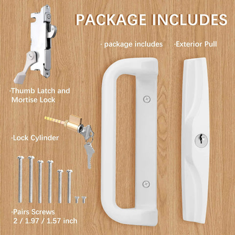 White Patio Door Handle Set with Cylinder Lock,Suitable for Replacement Sliding Patio Doors Lock 3-15/16”Screw Hole Spacing package