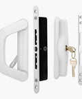 Patio Sliding Door Handle Set With Mortise Lock For 1-1/2 To 2 Inch Thick Doors, 4-15/16 Inch Screw Hole Spacing, Includes Door Keeper And Two Keys, White Finish, Durable Aluminum Alloy With Premium Coating For Fade Resistant Wear