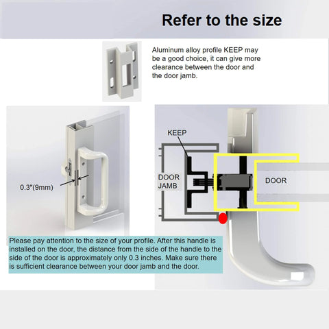 Diagrams and measurements for installing White Patio Door Handle Set with Mortise, Suitable for Replacement Doors Lock 3-15/16”Screw Hole Spacing.
