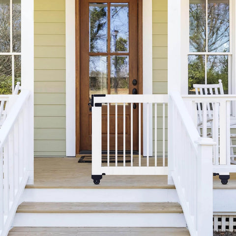 White porch gate with Heavy Duty Sliding Gate Kit Black Hardware Set for Smooth Quiet Sliding Gates with Secure Operation Easy DIY Installation.