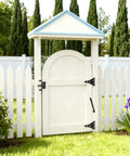 White wooden gate with 14" Fence gate Spring self Closing and Adjustable for Wooden or Vinyl Fence, Carbon Steel, Black hardware.