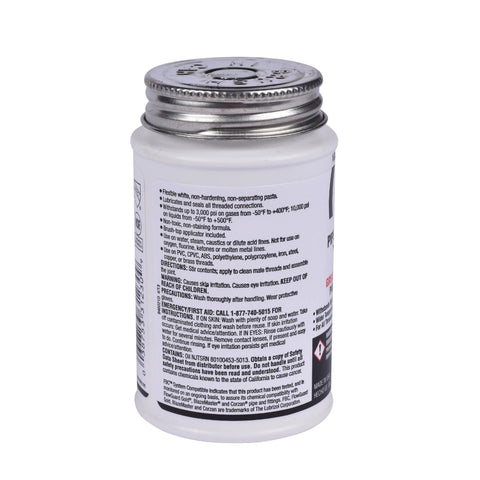 Non Toxic Non Hardening White Pipe Joint Compound For Threaded Joints, 4 oz jar back view, detailed safety and usage instructions