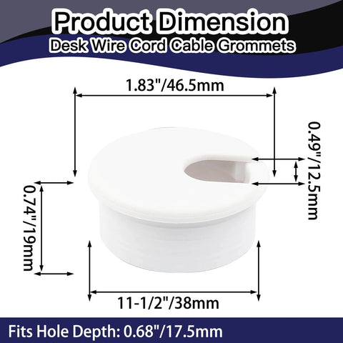 Dimensions of 2 Pack 1.5 Inch Desk Grommet Cable Hole Cover For Wire And Cord Organization White Plastic