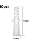 Close-up of a white plastic drywall anchor, measuring 0.77in by 0.16in, included in the Complete 274 Pcs Drywall Anchors And Screws Kit.