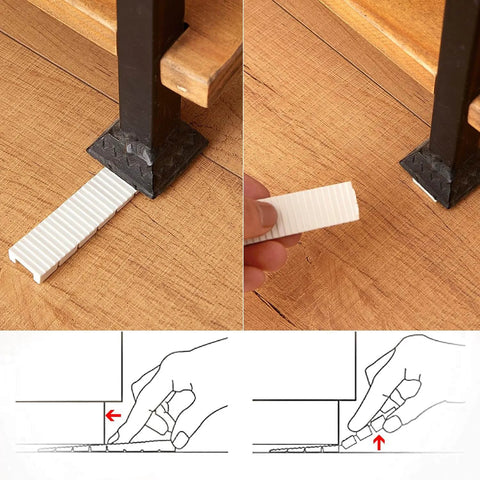 12 Pack White Multi Purpose Furniture Plastic Shims For Leveling And Stabilizing Heavy Objects Cut To Fit Size 3.86 By 0.31 Inches Extreme Weight Capacity Wedges Ideal For Toilets Tables Doors Windows Sheds And More being used to stabilize a table leg.