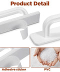 Close-up of 4 Pack Small White Plastic Handles 3.9 Inch Self Adhesive No Drill Installation for various surfaces, showing adhesive and PVC material details.