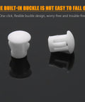 White Plastic Hole Plugs 6mm 1 Quarter Inch Flush Snap In Locking End Caps Pack Of 100 For Furniture Posts Pipes Tubes Fencing And Hardware Easy Install Hidden Fit For Hole Covers And Clean Finished Look, showing close-up view of two pieces on black surface with flexible buckle design.
