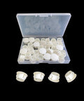 Open box of White 30 Pack 13mm Plastic Hole Plugs For 12 To 13mm Holes Fits Half Inch Openings Great For Furniture DIY Projects Cabinets Speakers