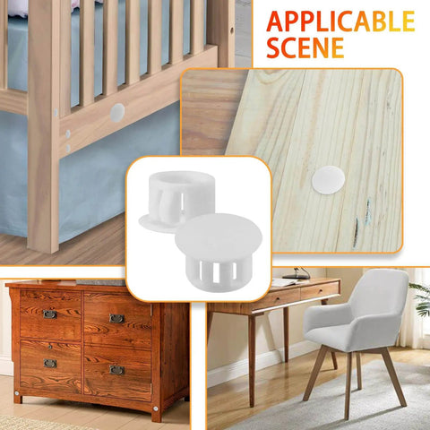 Assorted White Plastic Hole Plugs Set Of Four Sizes One Quarter Inch Five Sixteenths Inch Three Eighths Inch One Half Inch No Fuss Flush Snap In Locking Caps For Furniture Post Tubes 200 Count showing installation examples on furniture and wood surfaces.