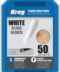 White Plastic Pocket Hole Plugs 50 Count For Concealing Exposed Pocket Holes DIY Friendly Easy Glue In Installation Sandable And Trimable Pro Grade Durable Woodworking Accessories For Finishing Projects packaging.